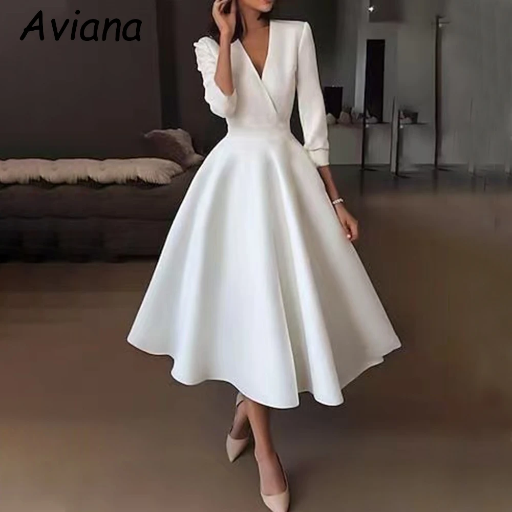 Customized Elegant Simple Midi Wedding Dresses Satin V-Neck 3/4 Length Sleeve Short Brides Dress Women Vestidos De Novias 2025