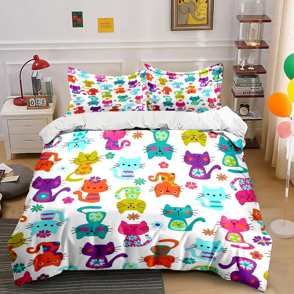 Rainbow Patchwork Cat Bedding Set, Folk Floral Abstract Kitty Print Duvet Cover 2 Pillowcases Single Double King Queen, Gift