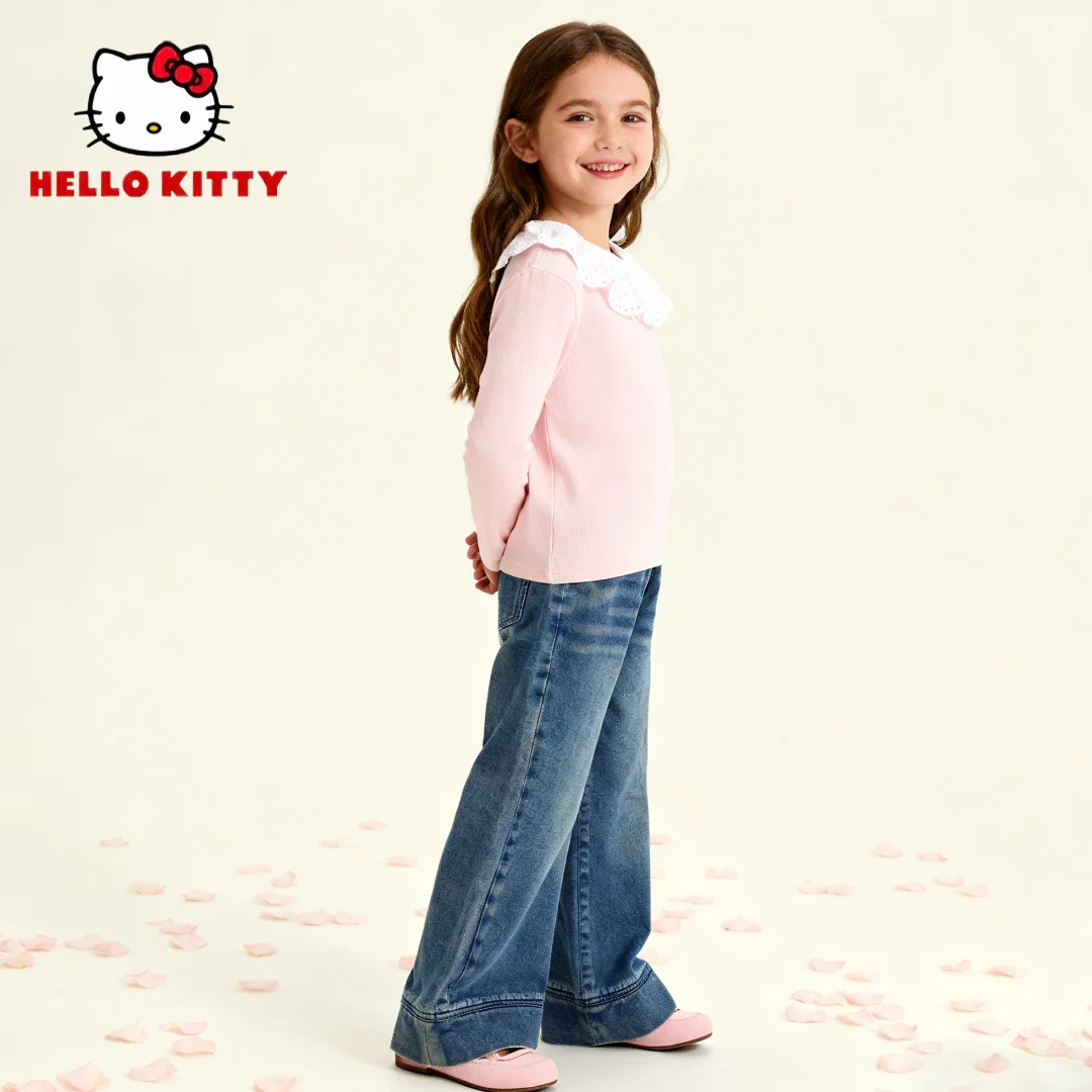 Hello Kitty Jeans blu stile trendy per bambini Pantaloni eleganti in denim con taglio a stivale per bambini Pantaloni antivento Jeans di alta qualità