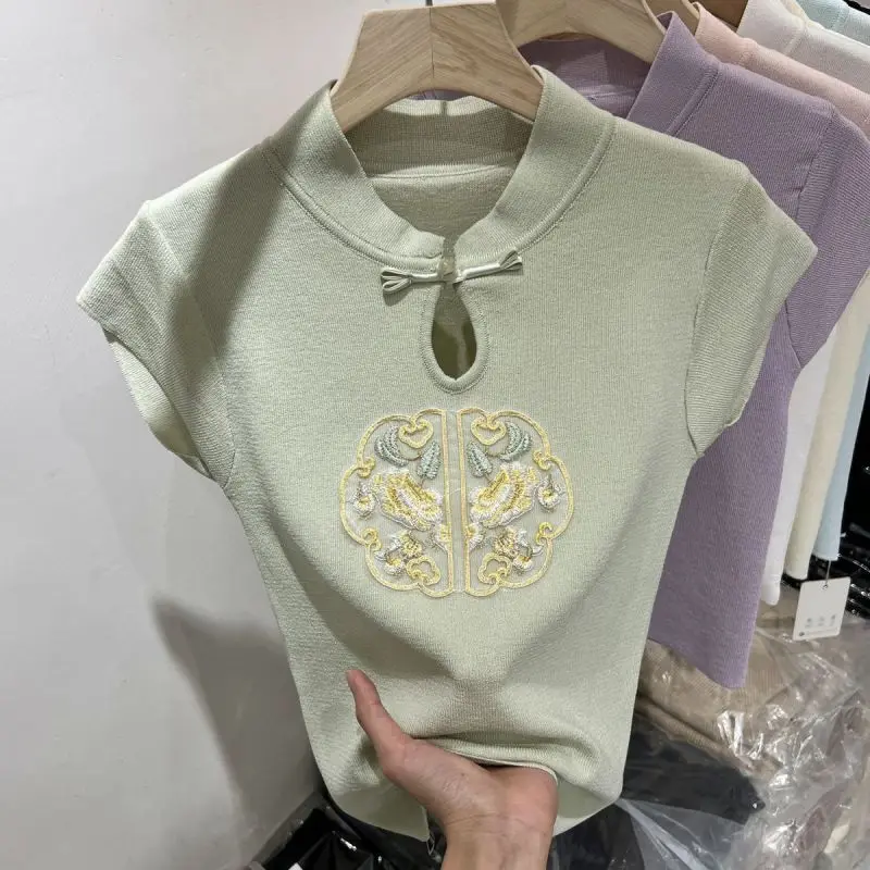 Chinese Style Summer New Women\'s Ice Shreds Short Sleeve Stand Collar Pan Button Hollow Out Elegant Loose Embroidery T-shirt Top