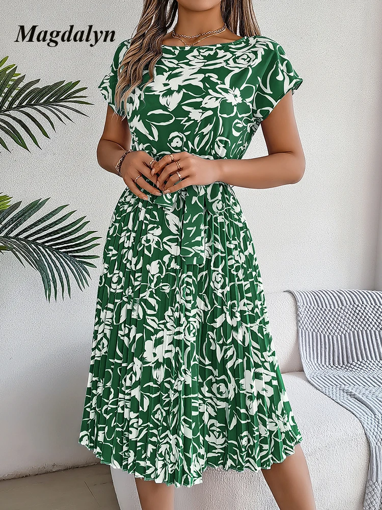 Magdalyn Summer Floral Print Bohemian Midi Dress Women Casual Short Sleeve Basic Chiffon Dresses Elegant Party Hight Waist Dress