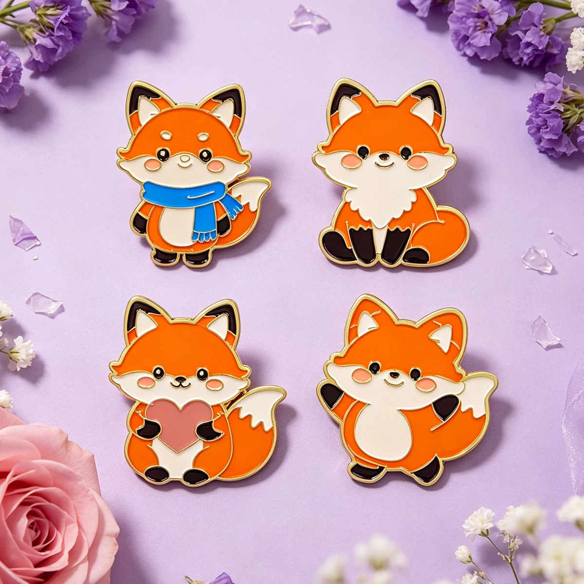 4pcs Cute Fox Enamel Pin Cartoon Animal Brooch For Coat Brooches Set Collar Lapel Pins Metal Badges Jewelry Friends Gift