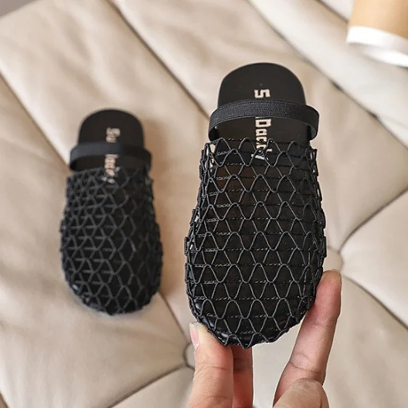

Summer Children's Slippers Trend Simple Girls Woven Mules Shoes Outdoor Versatile Kids Causal Mesh Flat Slippers Fashion Soft