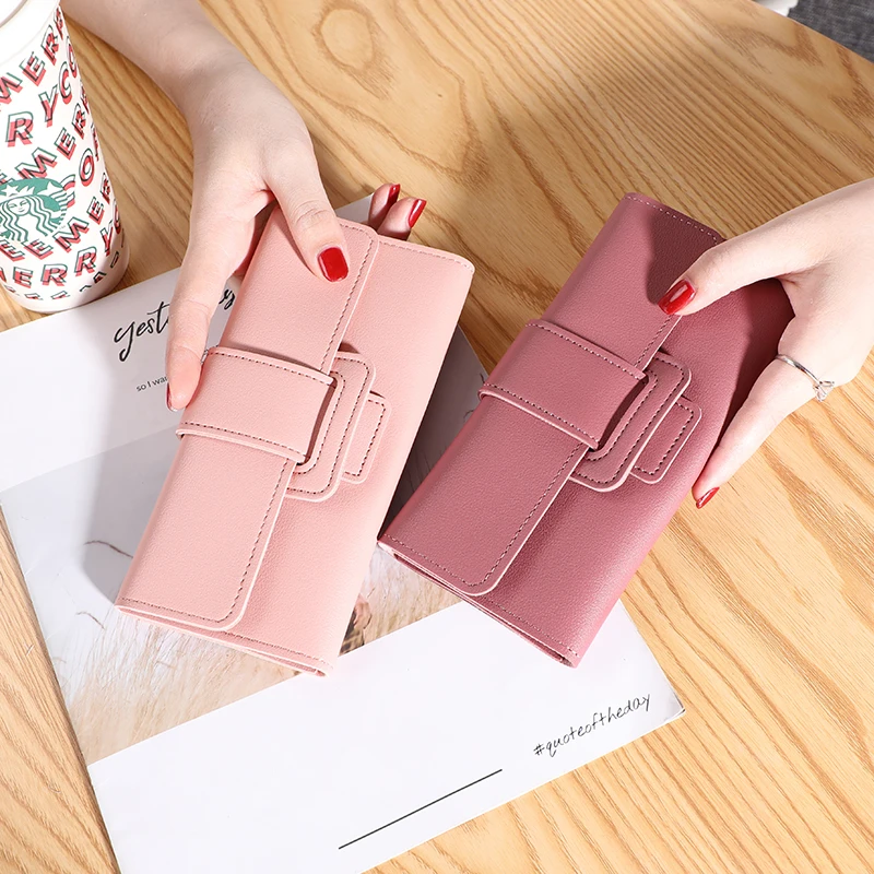 Cartera larga con tarjetero para mujer, funda abatible triple, estilo coreano, cartera multifuncional para estudiantes