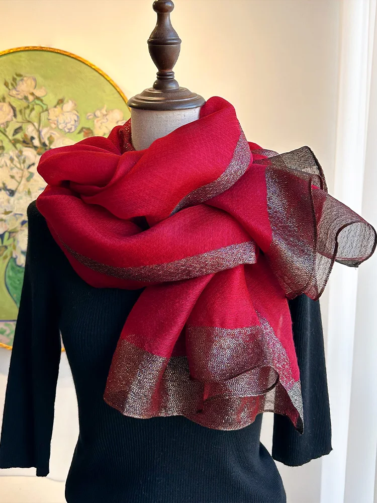 アンケラレッドシルクウールスカーフ女性の新しい-2026-夏の首保護ショール多用途ファッショナブルな韓国スタイル多機能スカーフ