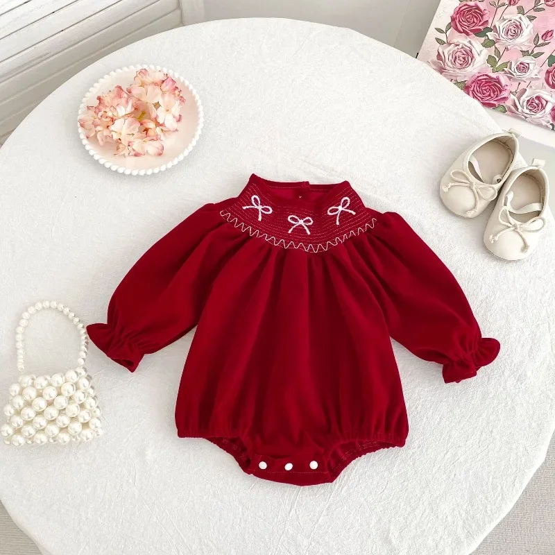 

Baby Girl Red Bow Embroidered Long Sleeve Triangle Bodysuit Korean Style Autumn 0-2Y Infant Outfit