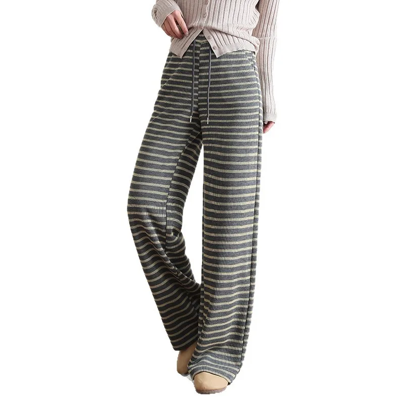 أسود فضفاض يشعر السراويل الخريف مرونة مريحة نسخة ضيقة الطابق طول واسعة الساق السراويل مخطط السراويل الأرز الدبق #5