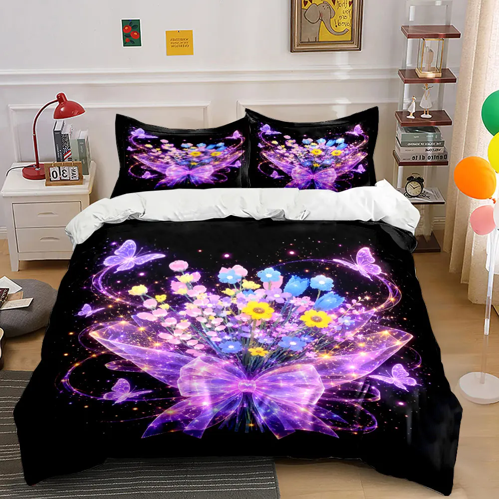 Black Dreamy Bouquet Butterfly Theme Print Bedding Set 1 Duvet Cover 2 Pillowcases for Adult and Children Luxury Gift Full Size