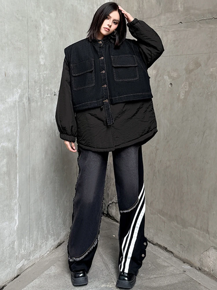 YERMORA negro falso dos piezas empalmado Denim Casual Chaqueta de algodón mujeres de manga larga suelta Chaqueta nueva moda Otoño Invierno 2025