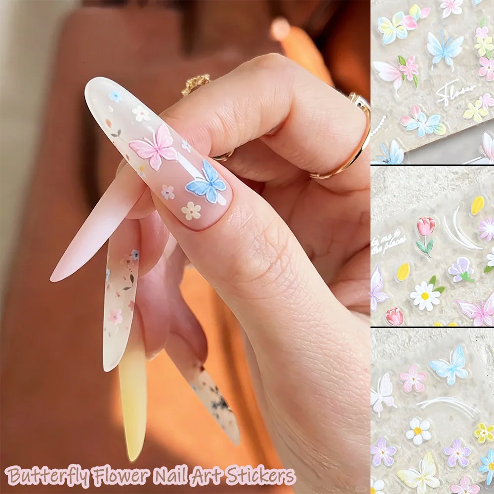 1/3pcs 5D Spring Summer Blossom Floral Nail Art Stickers Embossed Pink Blue Butterfly Daisy Tulip Floral Nail Decals Nail Slider