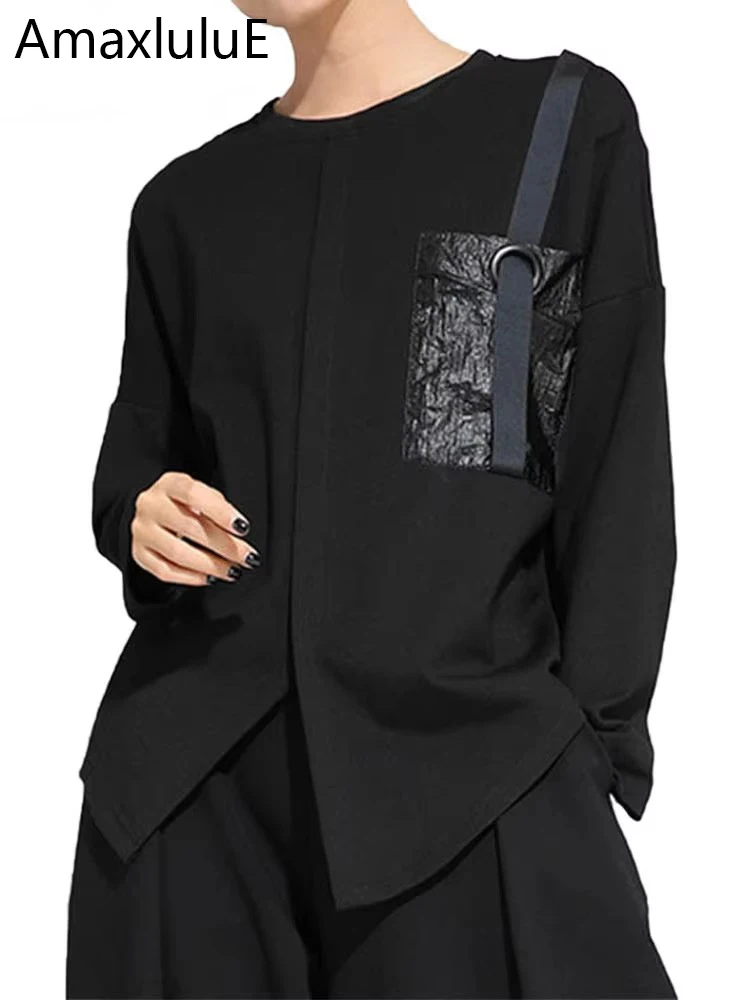 

Amax luluE Clothes 2024 Fahion European Style Punk Tops Streetwear Ladies Patchwork Tee Shirts Womens Loose Black Cotton Tshirts