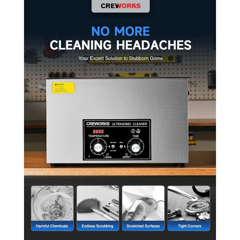 CREWORKS 30L Ultrasonic Cleaner with Heater and Timer, 600W Stainless Steel Ultrasonic Cleaner Machine with Degas & Gentle Modes