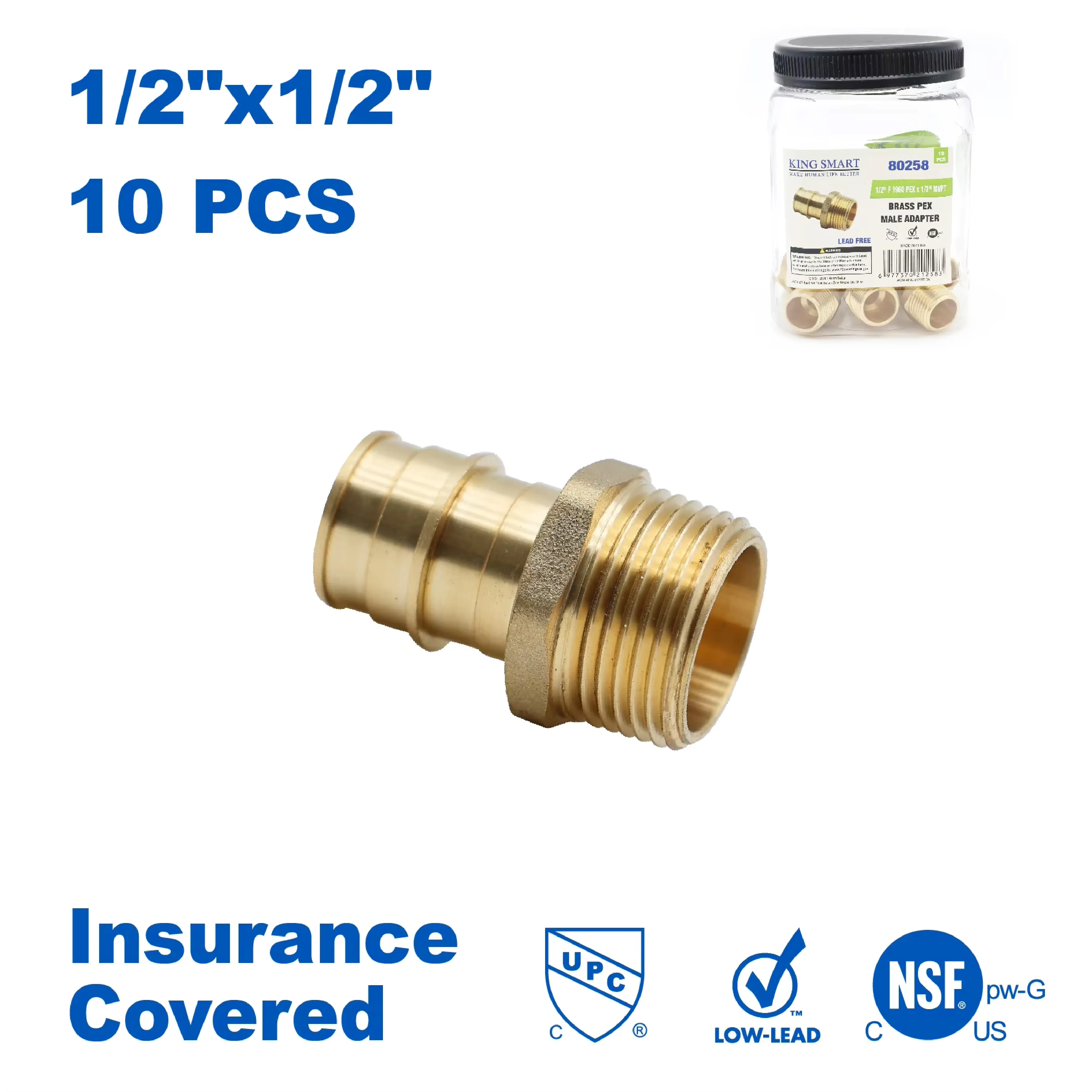 

KING SMART F1960/PEX Прямой штекерный адаптер NPT 1/2 дюйма с разъемом 1/2 дюйма; 10 шт./корпус; Бессвинцовая латунь; 80258