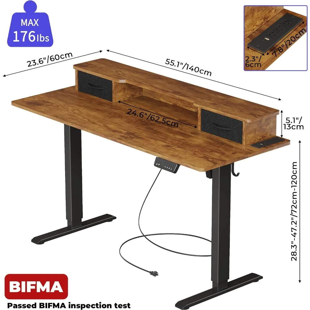 Desk,55 Inch Electric Standing Adjustable Height with Double Drawer, ,Sit Stand DeskHome Office Computer Gaming Desk