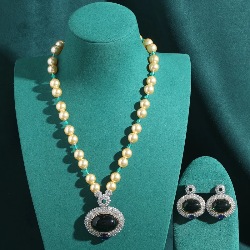 

Silver Color Vintage Oval Glass Green Jewelry Sets Pearl Necklace Rhinestone Earrings Pendent Design Bride Accessories 2026