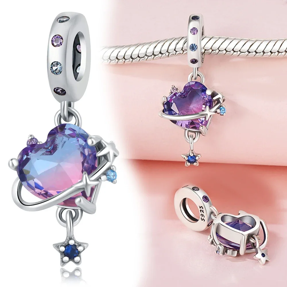 Breloques Pandora en argent regardé 925 pour femme, pendentif coeur violet, lune, planète, perles, bracelet original, bijoux