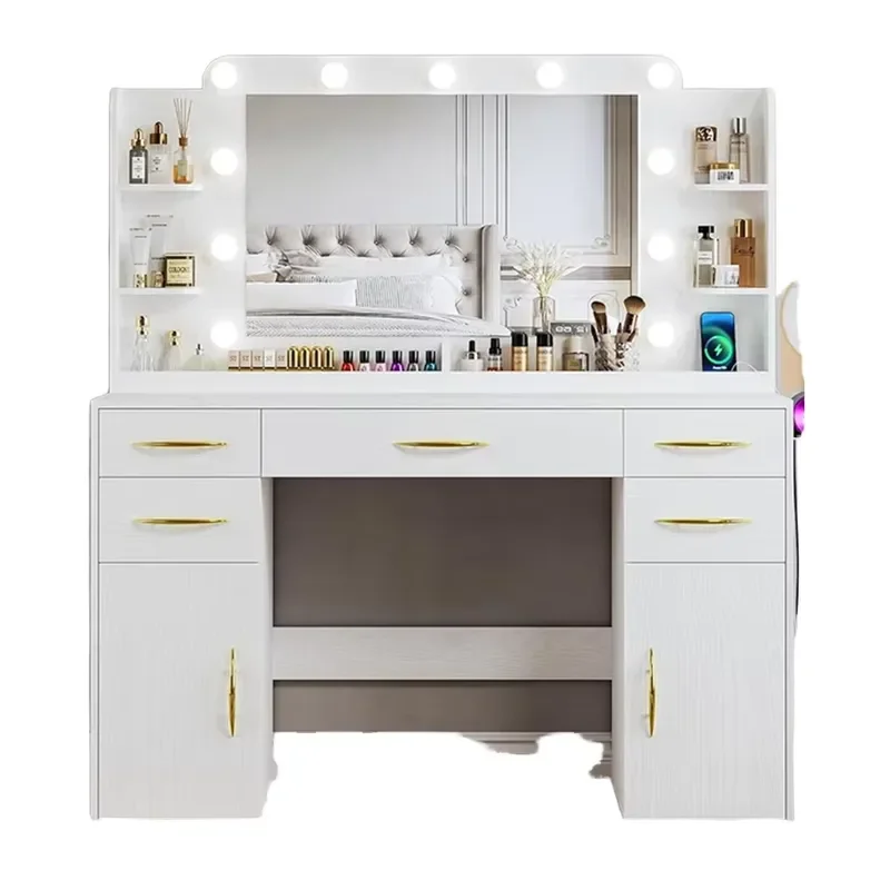 Popular Foldable Solid Oak Wood Bedroom Dressing Room Modern Makeup Vanity with Lighted Mirror and Iron Frame Multi-Mount