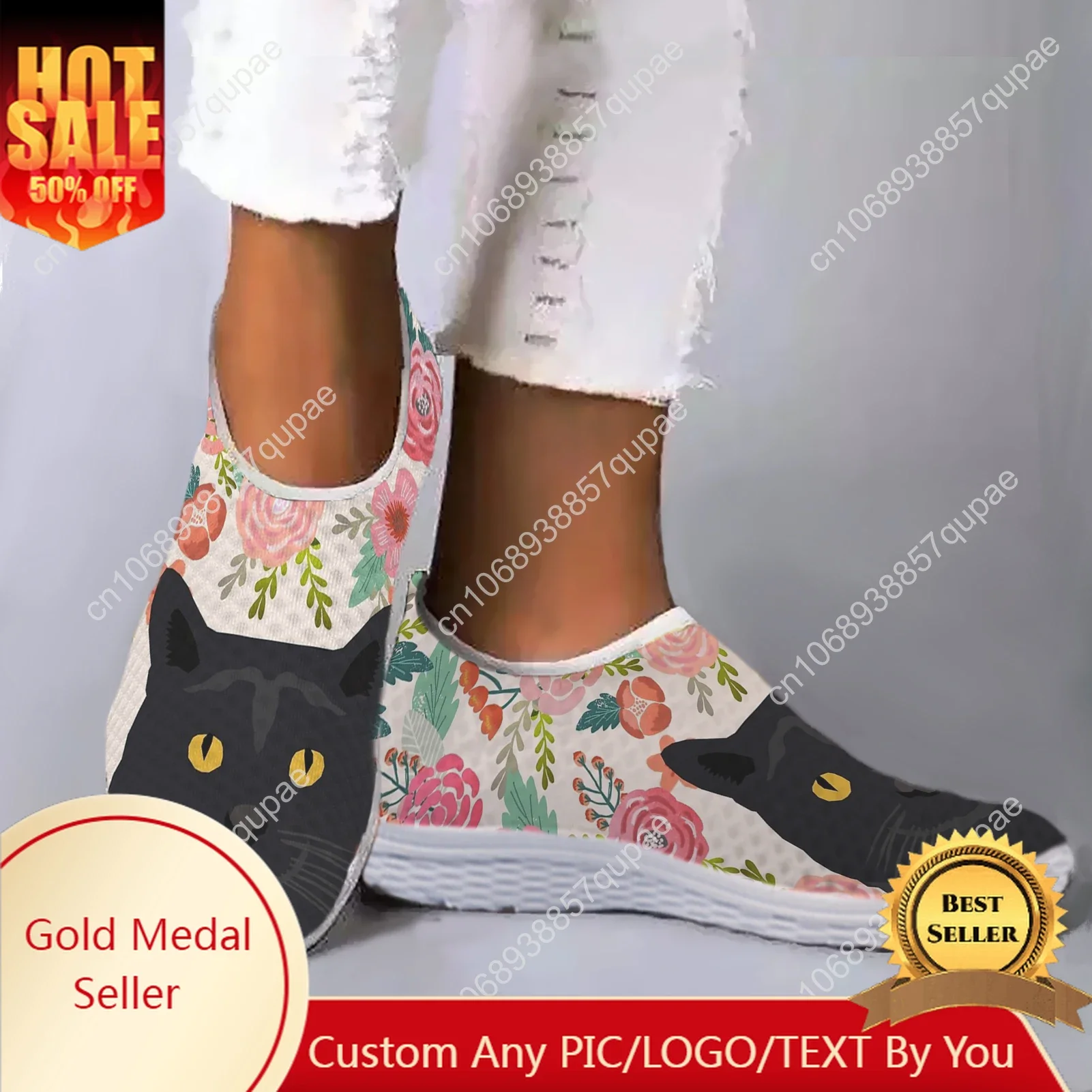 

Black Cat Pattern Flower Printing Mesh High Quality Sneakers Women Men Teenager Casual Fashion Custom Made Tennis Flat Shoes