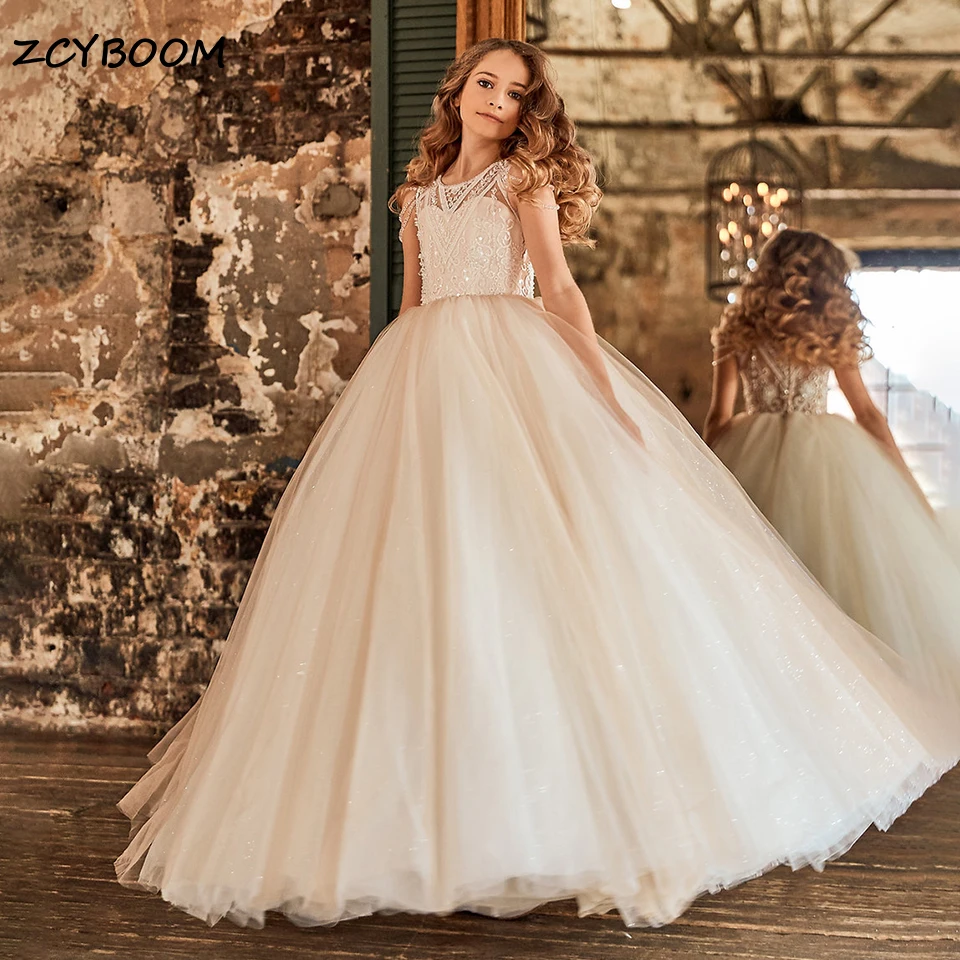 Champagne sem mangas brilhante miçangas vestidos da menina de flor para o casamento 2024 princesa rendas apliques o-pescoço primeira comunhão vestidos