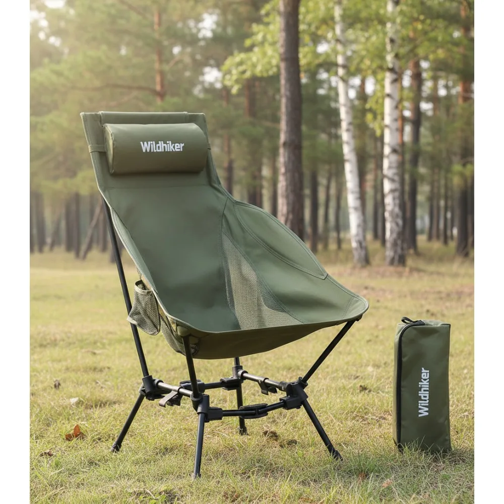 

Portable High Back Folding Camping Chair - Dual Modes, Pillow & Pockets - Lightweight for Outdoor Travel