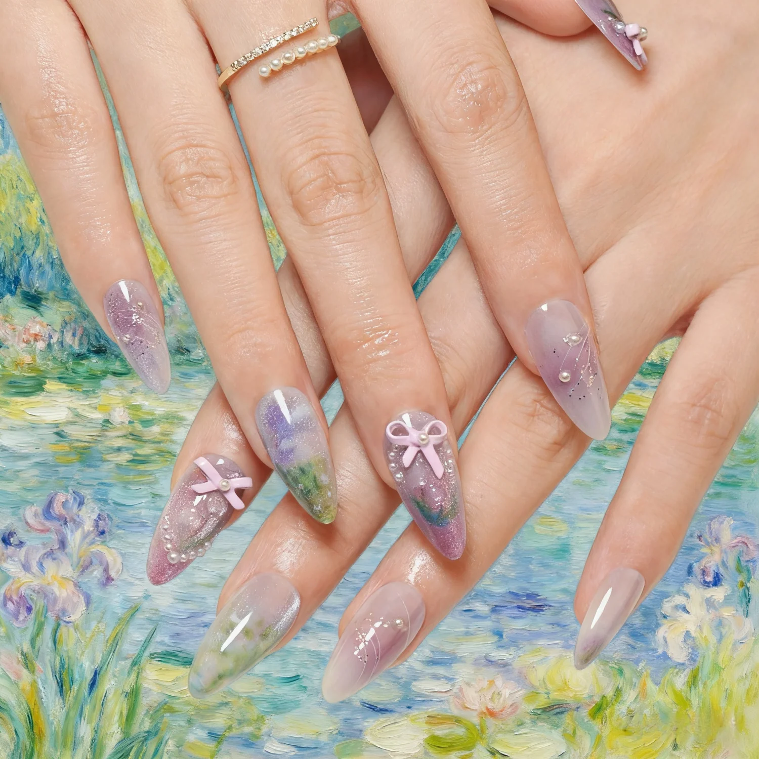 24 stks Middellange Druk Op Nagels Glitter Paars Nep Nagel Patches Met 3D Boog Parel Ontwerpen Zoete Ins Stijl Valse Nagel Tips