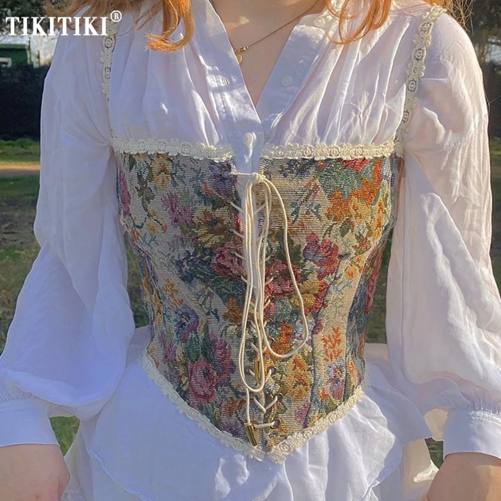 

Женские ретро-корсеты с жаккардовым узором, кружевной отделкой и цветочным принтом, укороченные топы-бюстье, асимметричные майки-камизолы, винтажные топы-бюстье для женщин