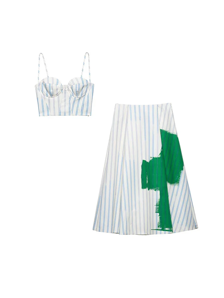

SIYANG Women Fashion 2 Piece Set Striped Backless Pleated Tops & Vintage Side Zipper Mini Skirt Female Chic Lady Skirts Set