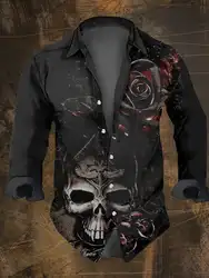 Men's Vintage Dark Skull Print Long Sleeve Shirt - Skull Print, Lapel Collar,  Regular Fit, Polyester Blend,All-Season Wear