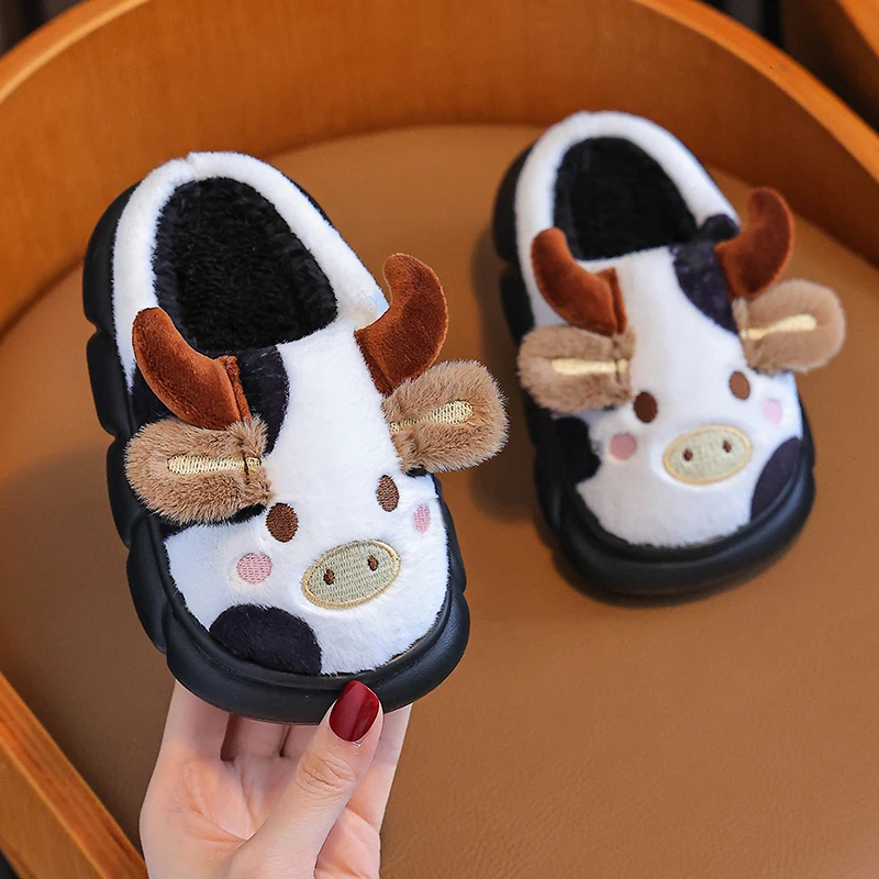 

Winter Kids Cow Slippers Plush Warm Cartoon Animal Slippers for Children Non-slip Indoor Home Shoes