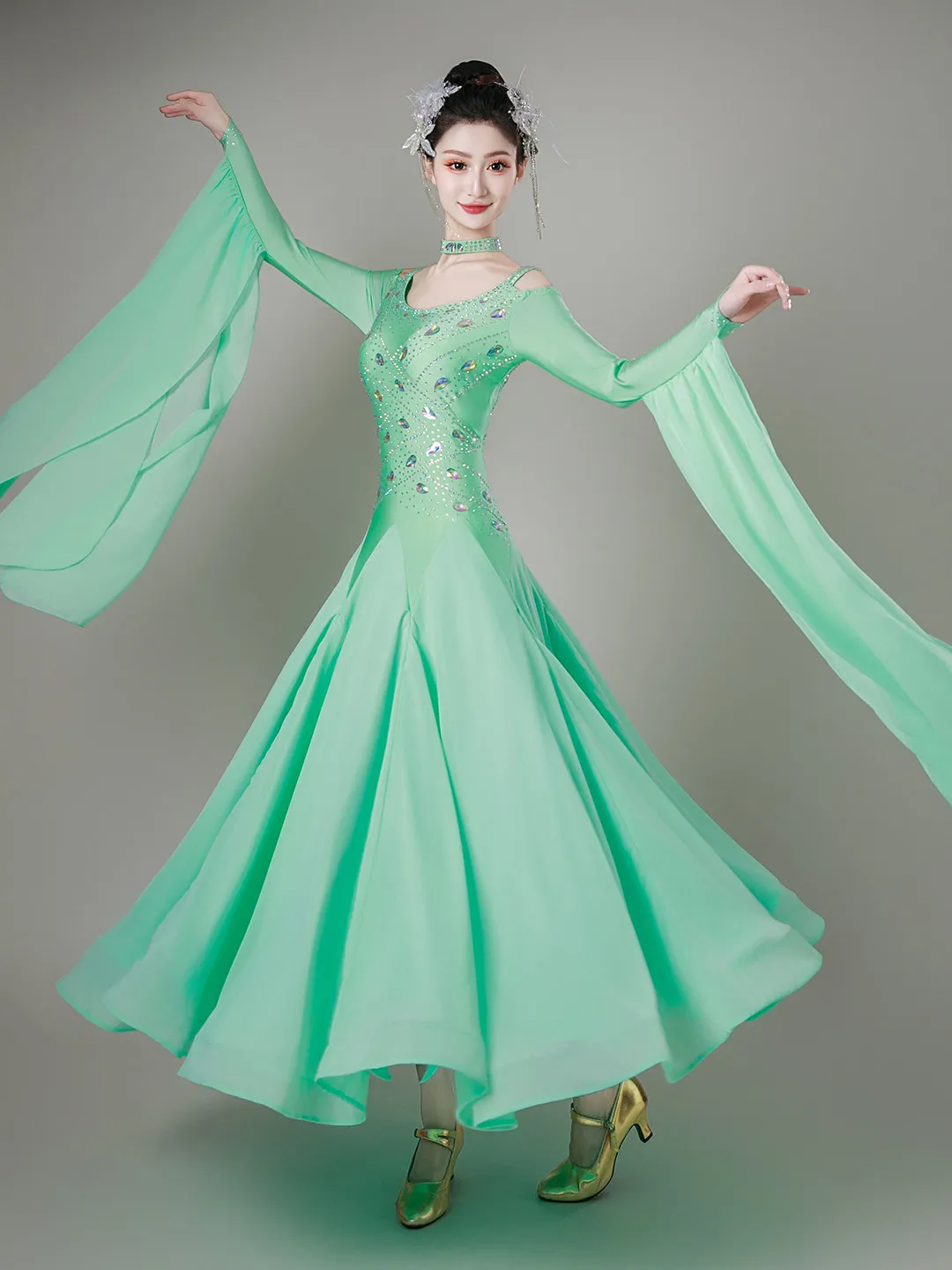 New 2026 Waltz Ballroom Competition Dance Dress Competition Professional Performance Costumes Green Blue Clothes Women's Dresses