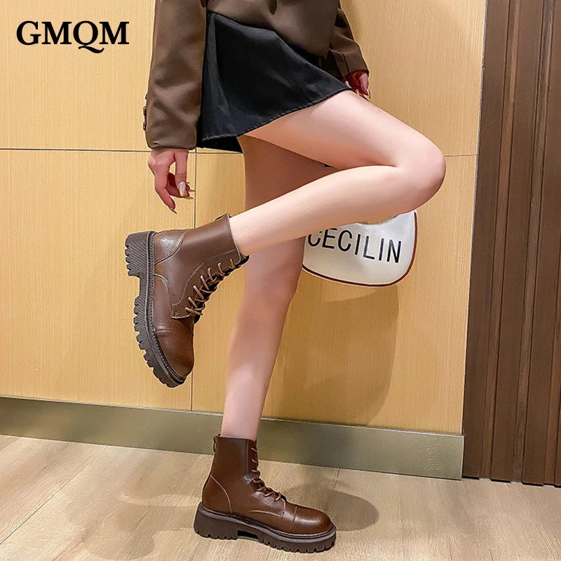 GMQM Brand New 2022 Autumn Fashion Women\'s Ankle Boots Platform Genuine Leather Shoes Round Toe Walk Lace-Up Boots Office Lady