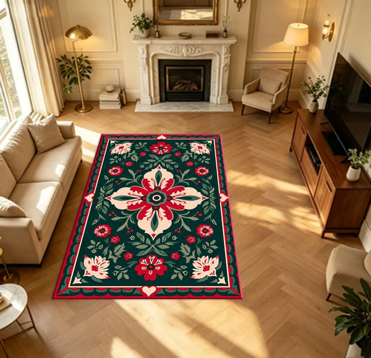 Boho Folk Floral Geometric Carpet Flooring Retro Ethnic Style Household Living Bedroom Decor Area Rug Indoor Floor Covering