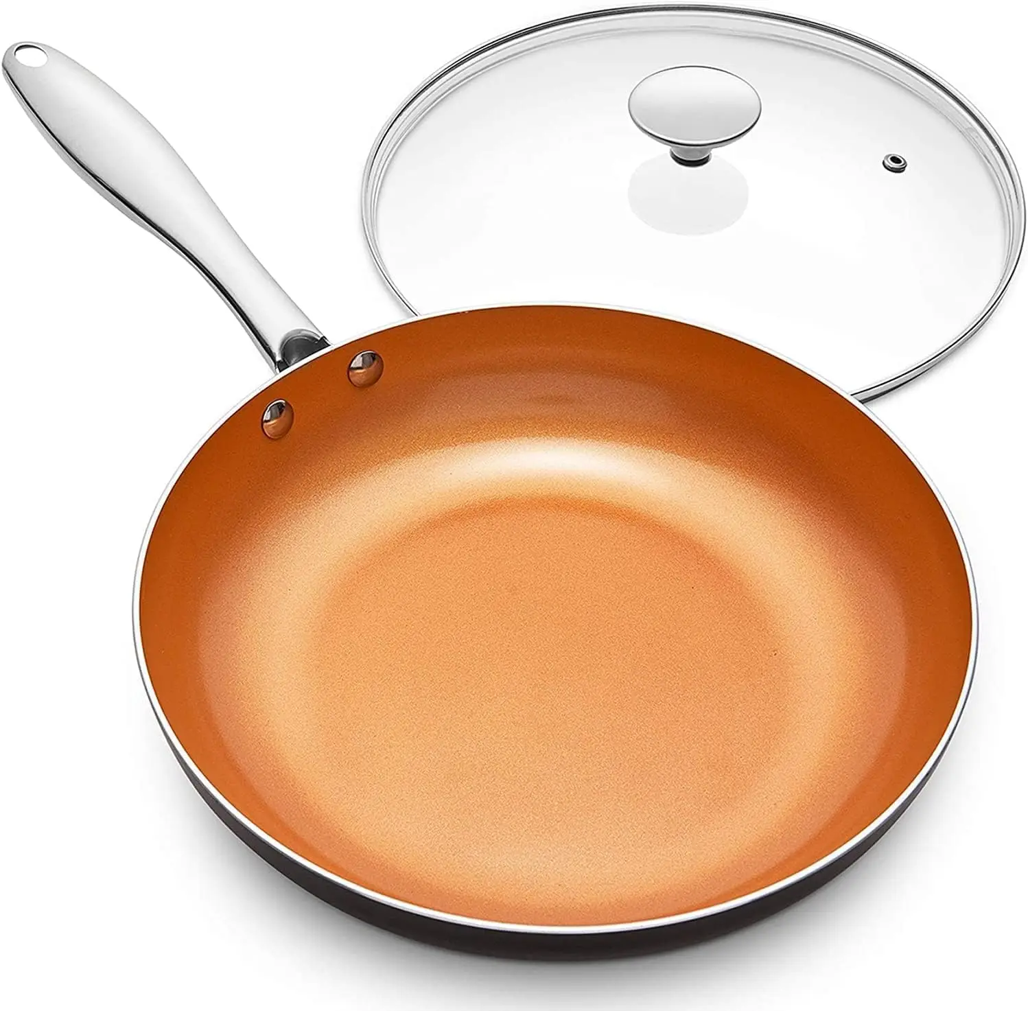 

12 Inch Nonstick Ceramic Frying Pan with Lid, Induction Compatible Copper Skillet for Healthy Cooking