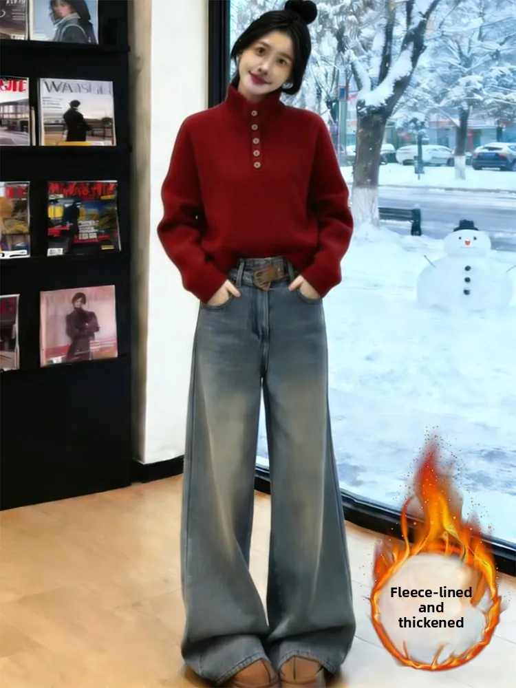 

Red High Collar Sweater Thiened Winter Women's Faion Set with High Waist Wide Leg Fce Lined Jeans Slimming Effect