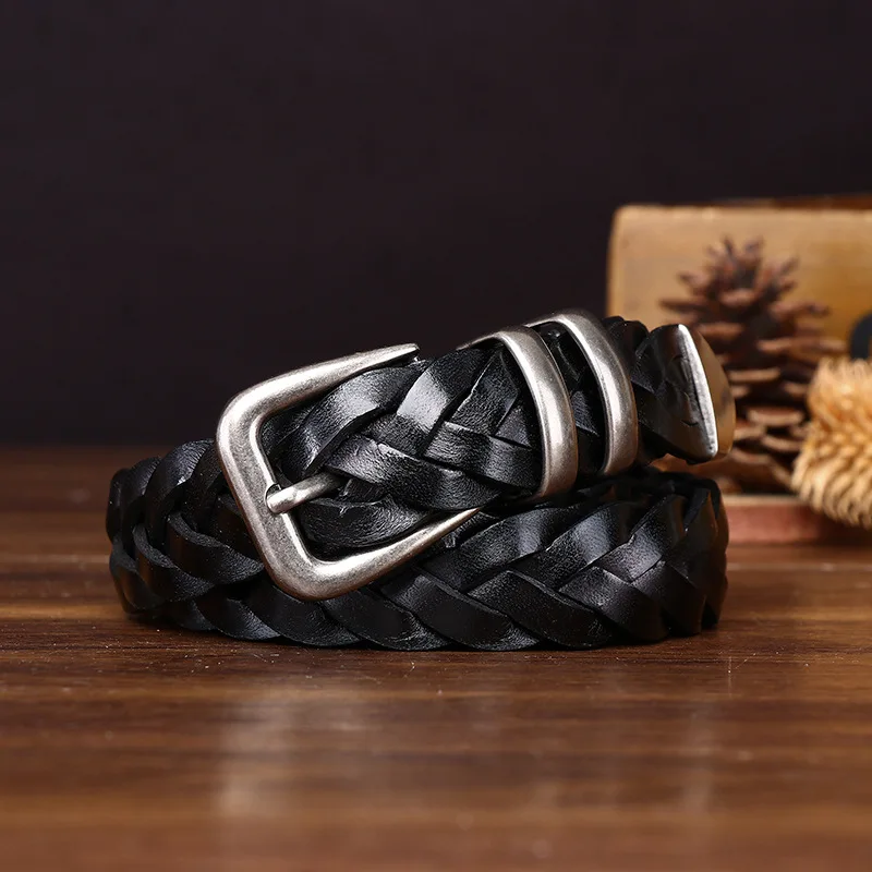 

New Hand Woven Genuine Leather Belts for Women,Pure Cowhide Casual Woven Needle Buckle Fashionable Versatile Waist Belt