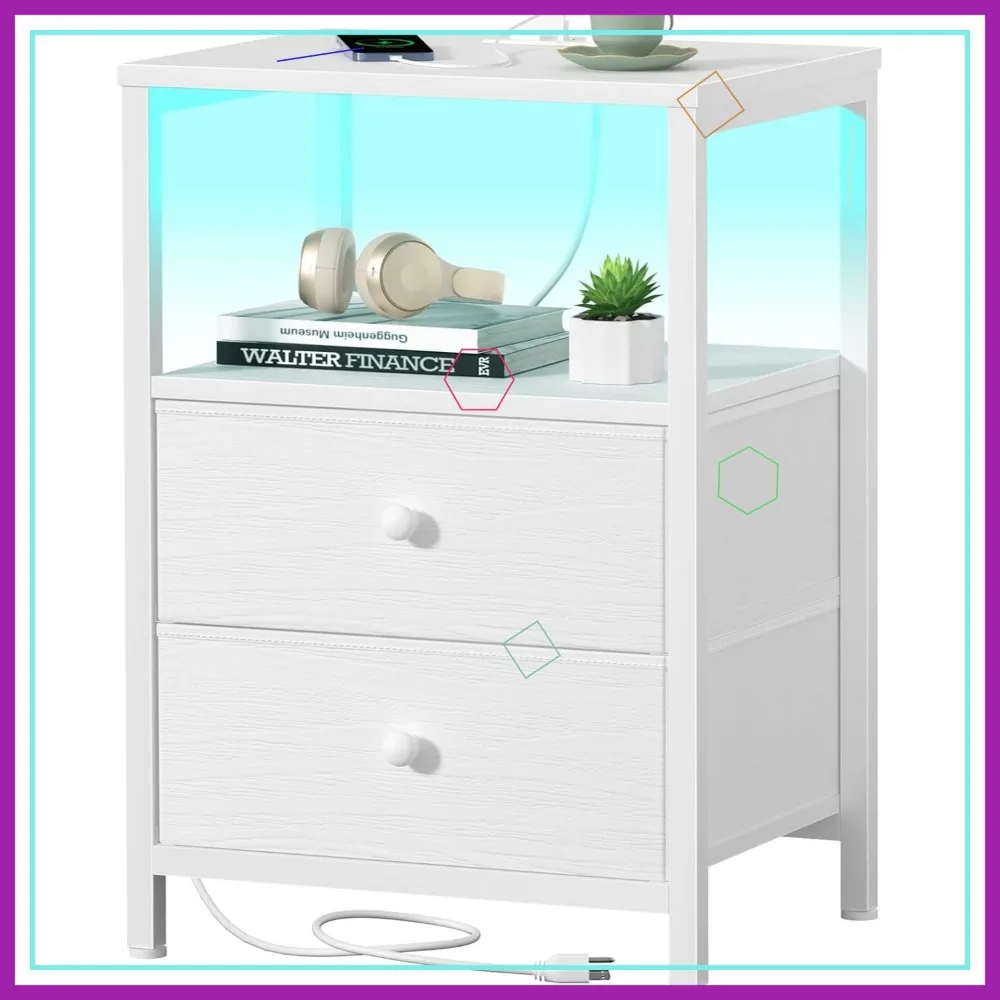 

White LED Nightstand with Charging Station, USB Ports, Fabric Drawers for Modern Bedroom