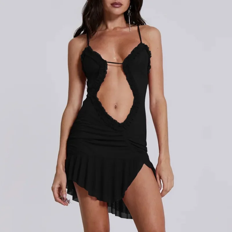 Abito da donna Sexy Backless Midriff-baring Sling Dresses Summer Patchwork Mesh minigonne abiti spaccati senza maniche nuovo YWFD003