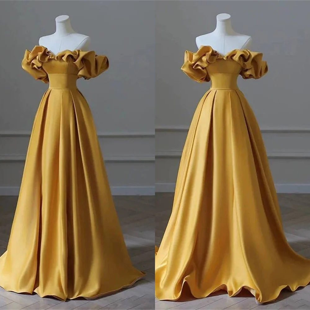 

Customized Delicate Yellow Satin Evening Dress Temperament Boat Neck Off the Shoulder Sleeveless Lace Up Back Homecoming Dress