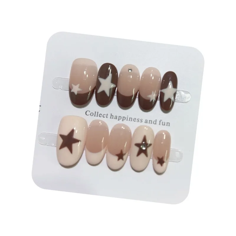 10個入り ハンドメイド ネイルチップ スターフレンチ プレスオンネイル 粘着タブ付き 秋のフェイクネイル 女性用 ホリデー用 付け爪セット