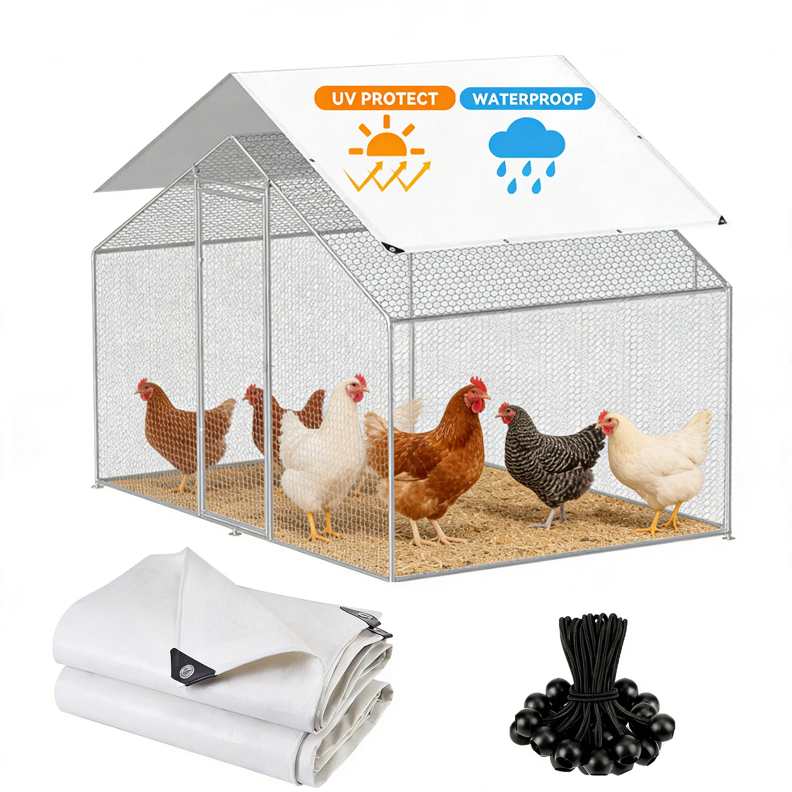 Bâche de couverture pour poulailler imperméable anti-UV 3,5x2m avec cordons élastiques à billes, grande toile d'ombrage pour poulailler, bâche de protection pour poulailler