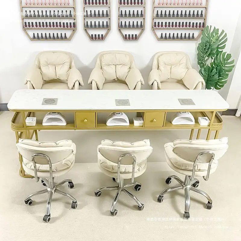 

Modern Style White Table and Chair Set Manicure Table Gold Base Adjustable Lamp Led Light Nail Table with Vacuum Cleaner