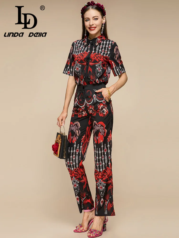 LD LINDA DELLA Summer Runway Fashion Black Pants Set Women Short sleeve Printed Tops and High waist pants 2 Pieces Set