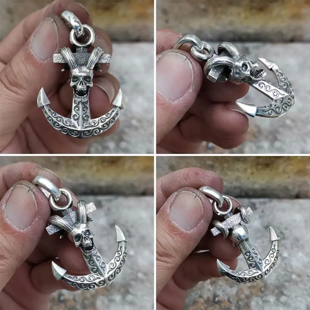 

Devil Skull Anchor 925 Sterling Silver Pendant Biker Punk Jewelry TA142
