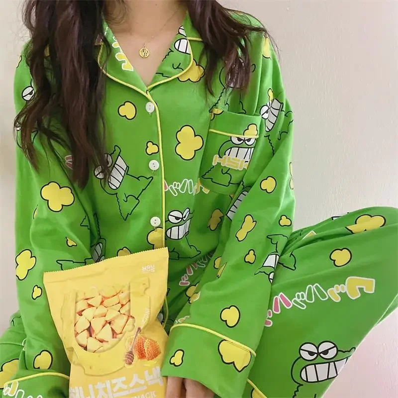 Long Sleeve Ladies Pajamas Comfortable Women Spring Autumn Pajama Sets Printed Green Sleepwear Pyjamas Young Girl Style Clothes