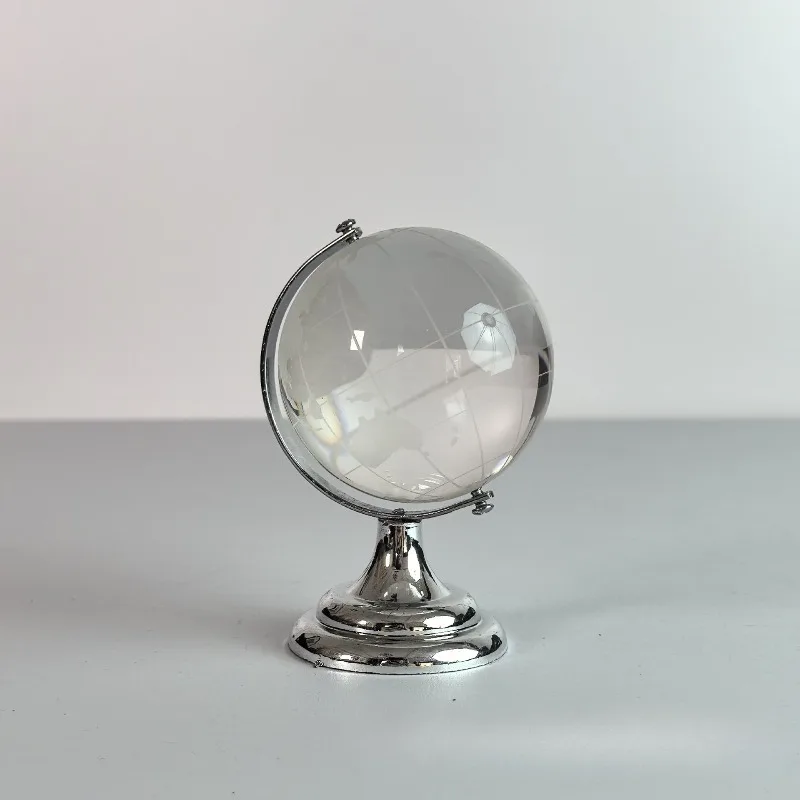 5/6CM Round Globe World Map Crystal Glass Transparent Sphere Statue with Metal Bracket Home Decoration Office Desktop Decoration