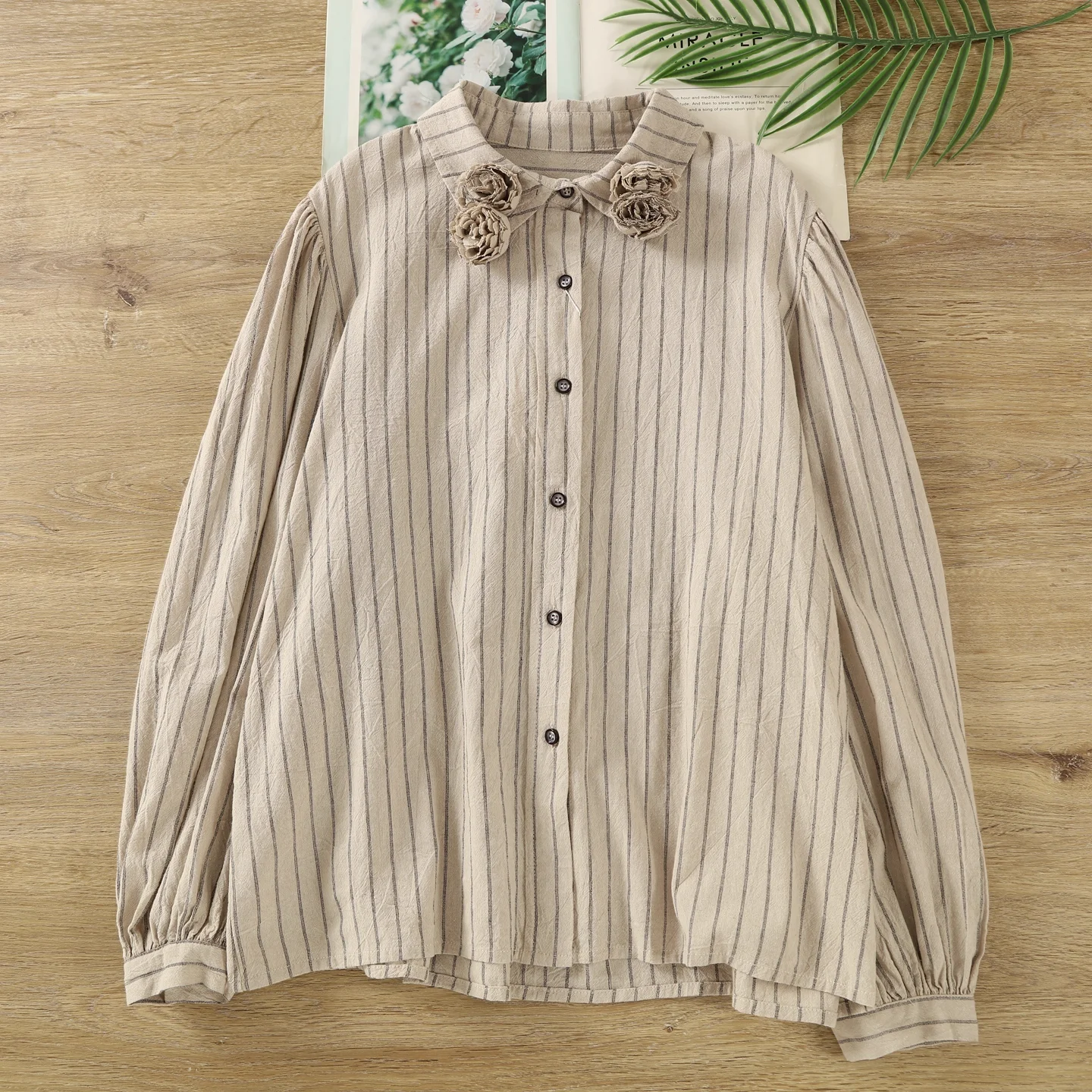 

2026 Art style 3d flower gray apricot striped shirts and blouses for women vintage original long sleeve tops ladies clothes