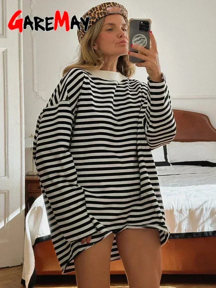 Women's Striped T-shirt 95% Cotton Oversized Black and White Casual Basic Long Sleeve Top Vintage  Casual T-shirts for Women