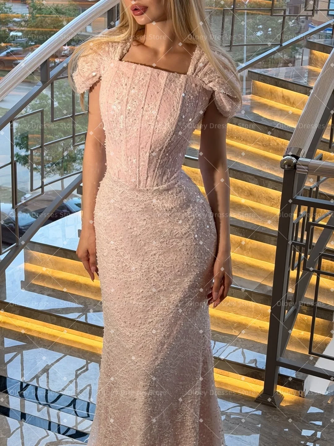 OLOEY Customized Blush Pink Square Collar Puff Sleeve Prom Dress Floor-Length vestidos de noche Beading Evening Dresses 2026