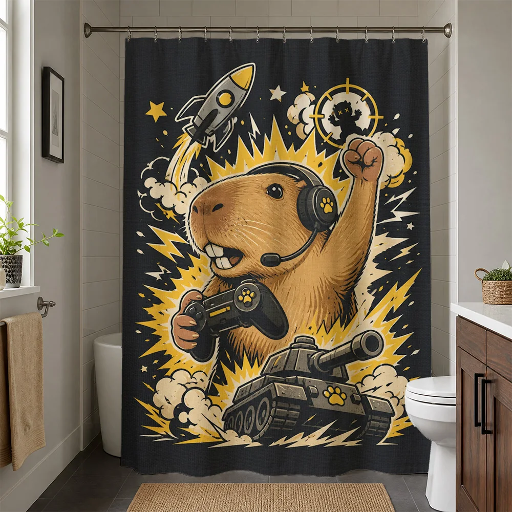 Funny Cartoon Groundhog Playing Video Game With Tank Shower Curtain Bathroom Decor Novelty Gift