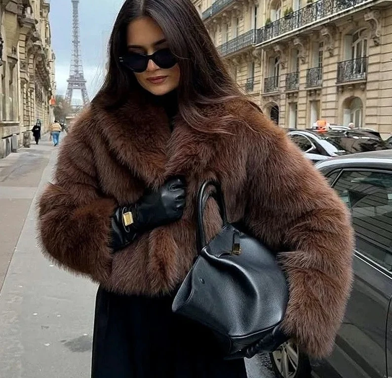موضة تقليد معطف فرو الثعلب المرأة الخريف الشتاء سترة قصيرة فو الفراء معطف الشارع الشهير بلوزات فضفاضة الإناث #3
